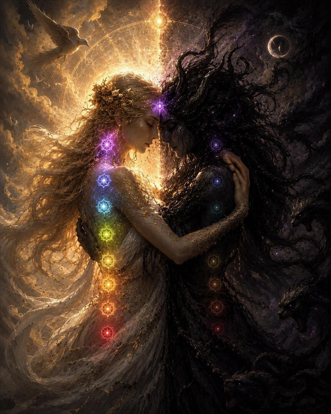 Two women with contrasting appearances embrace in a mystical, cosmic setting: one with golden hair and a glowing aura, the other with dark hair and a dark, starry background. Brightly colored chakras and celestial symbols overlay the image, with a dove flying in the sky and a small moon in the distance.