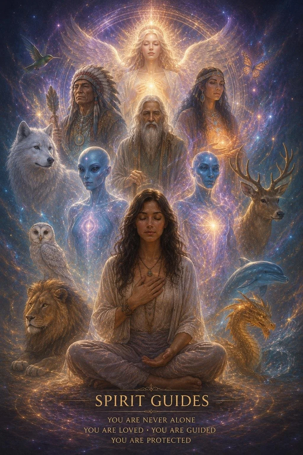 A mystical, spiritual collage featuring a woman sitting cross-legged with her hand over her heart, surrounded by ethereal and spiritual figures including a wolf, owl, lion, dolphin, dragon, and various humanoid spirits, all set against a cosmic background with stars, butterflies, a hummingbird, and glowing light effects. An angelic figure with glowing wings is at the top, with the words "SPIRIT GUIDES" and a quote about love and protection at the bottom.