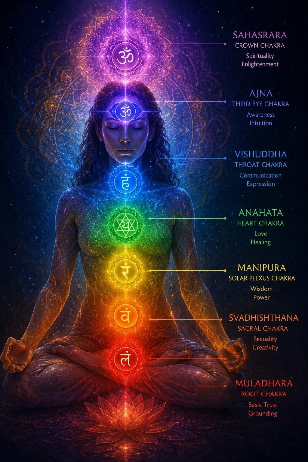 Illustration of a woman meditating with colored chakras aligned along her body, each labeled with their names, symbols, and associated qualities against a cosmic background.