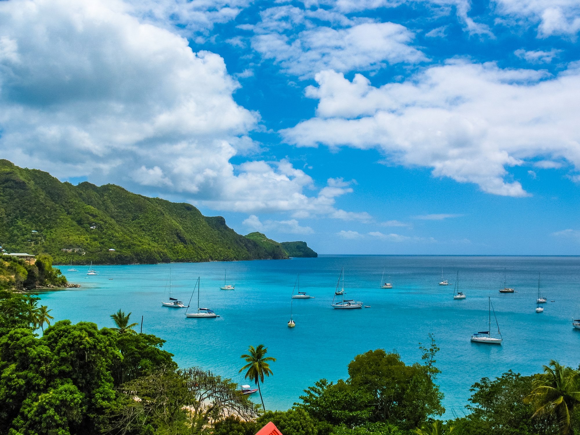 View of Port Elizabeth Bay in Bequia, Saint Vincent and the Grenadines — turquoise water and anchored sailboats surrounded by lush green hills.