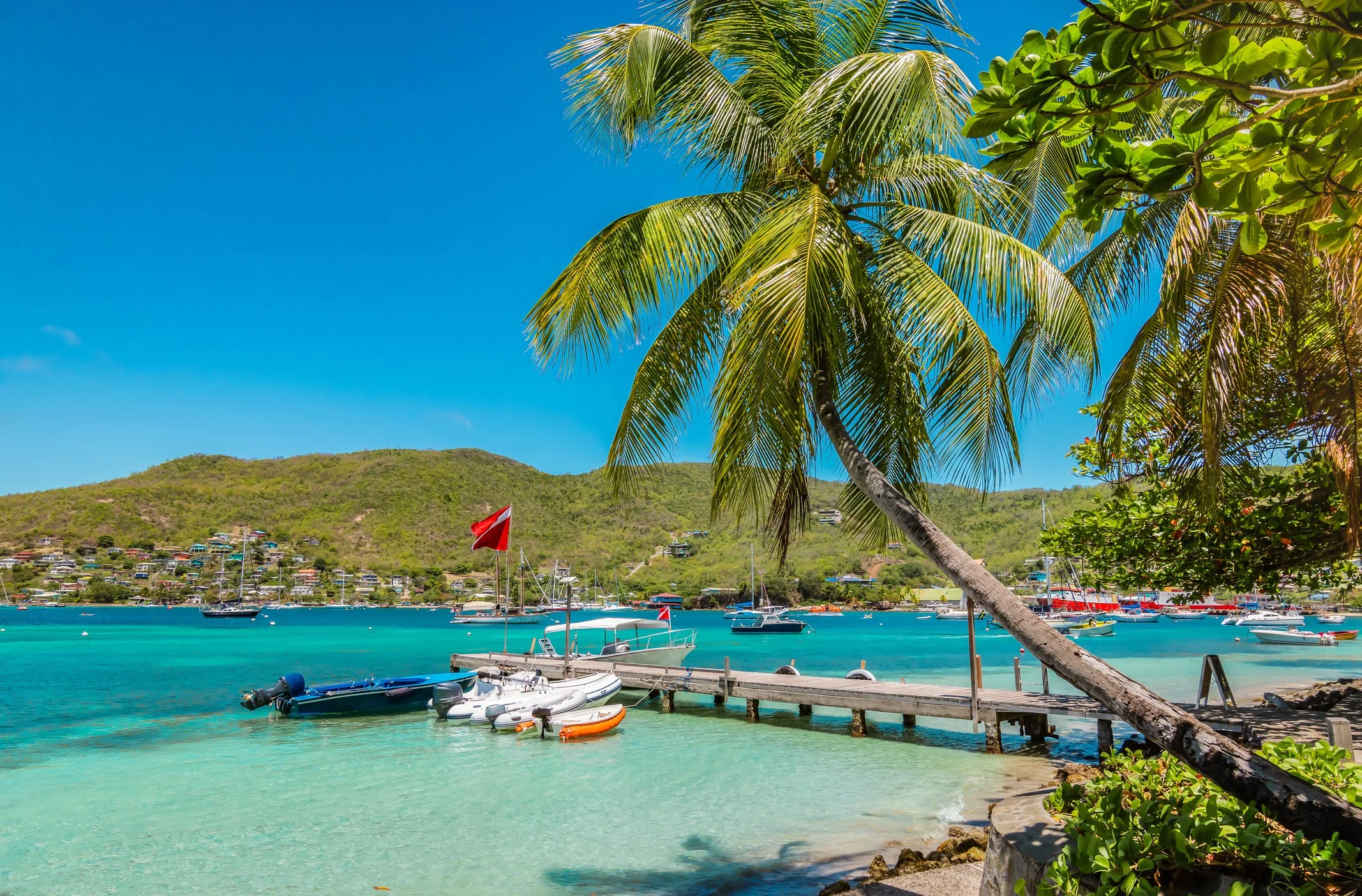 Boats and dinghies tied to a wooden pier beneath palm trees along the Belmont Walkway in Bequia, Saint Vincent and the Grenadines, with calm turquoise water and green hills in the background.