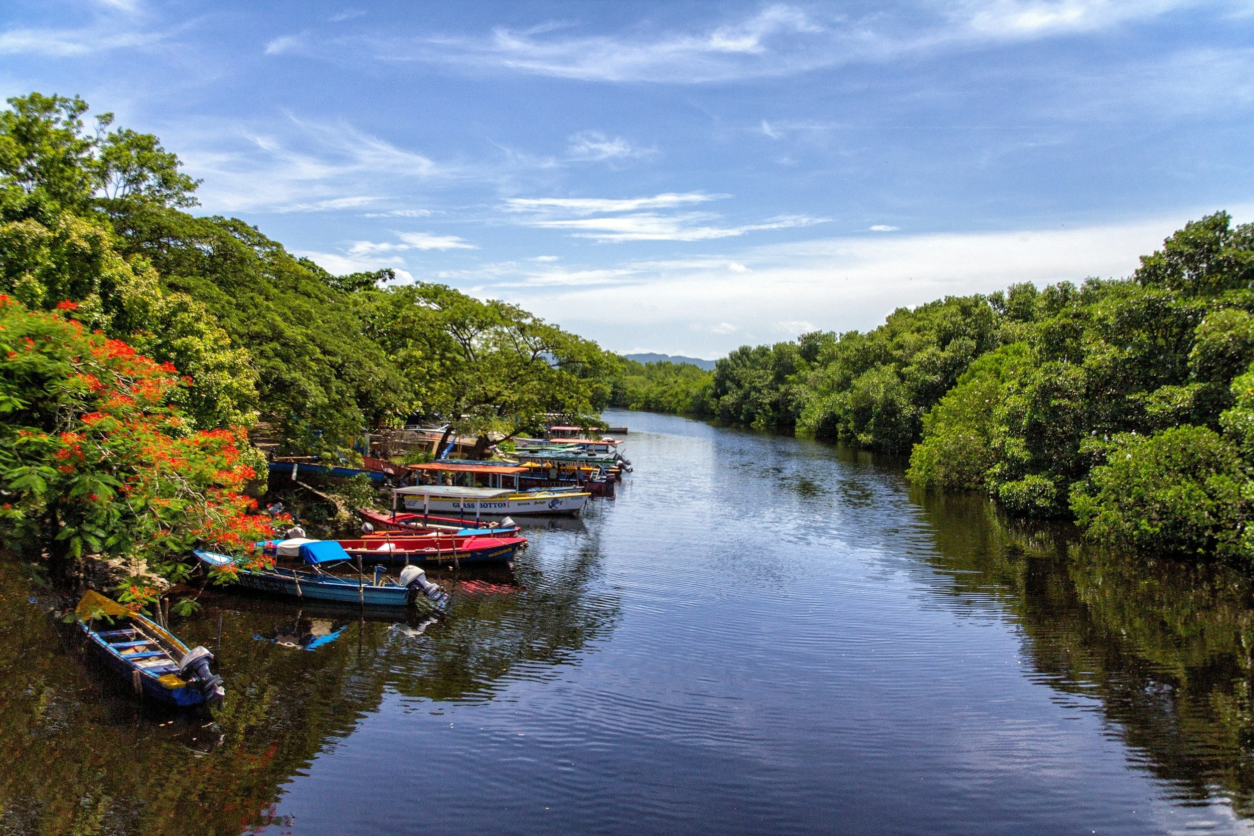 River in Jamaica lined with mangroves — small boats docked along the bank with calm water stretching toward low hills.