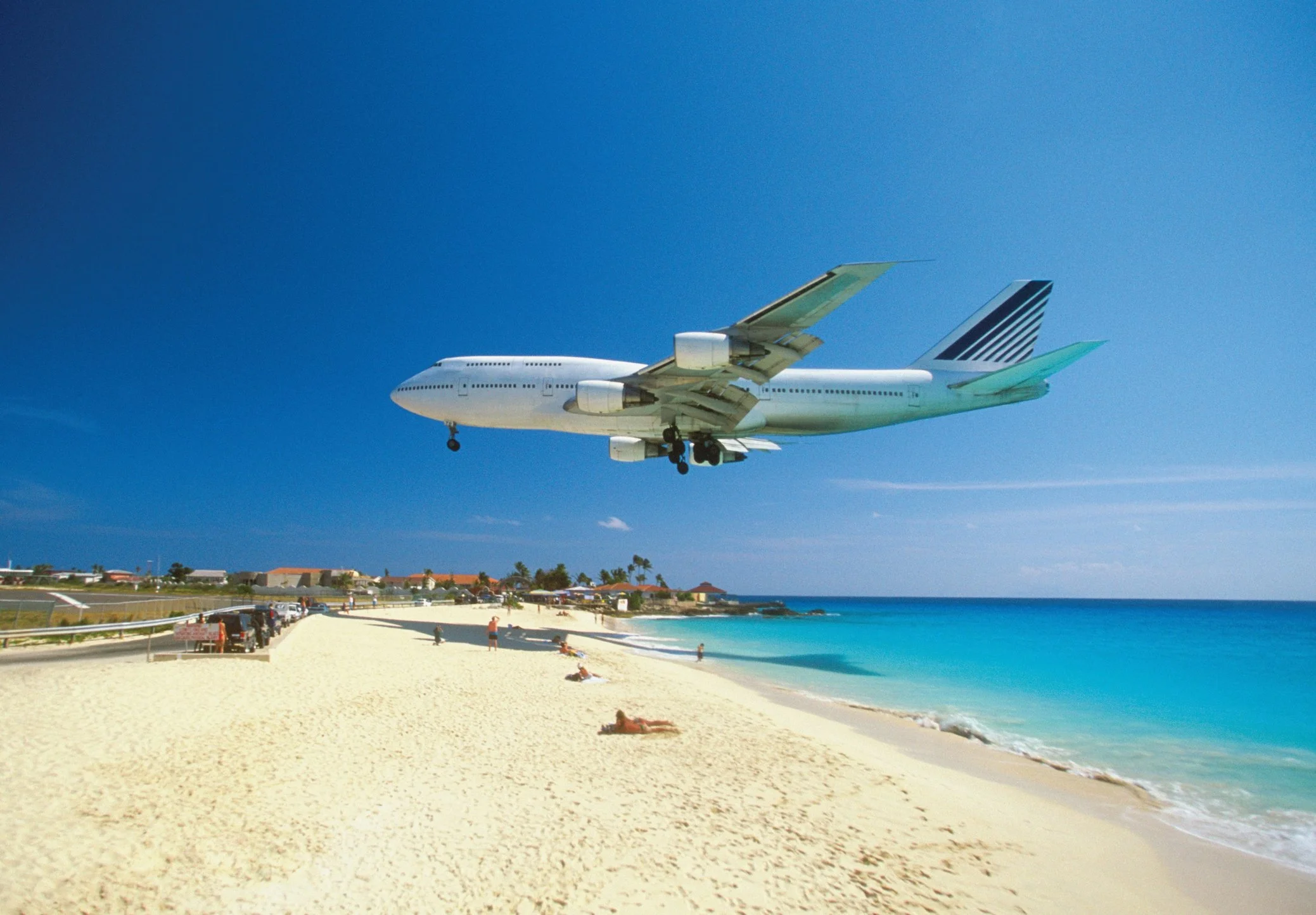 view of plan landing over Maho Beach in St. Maarten