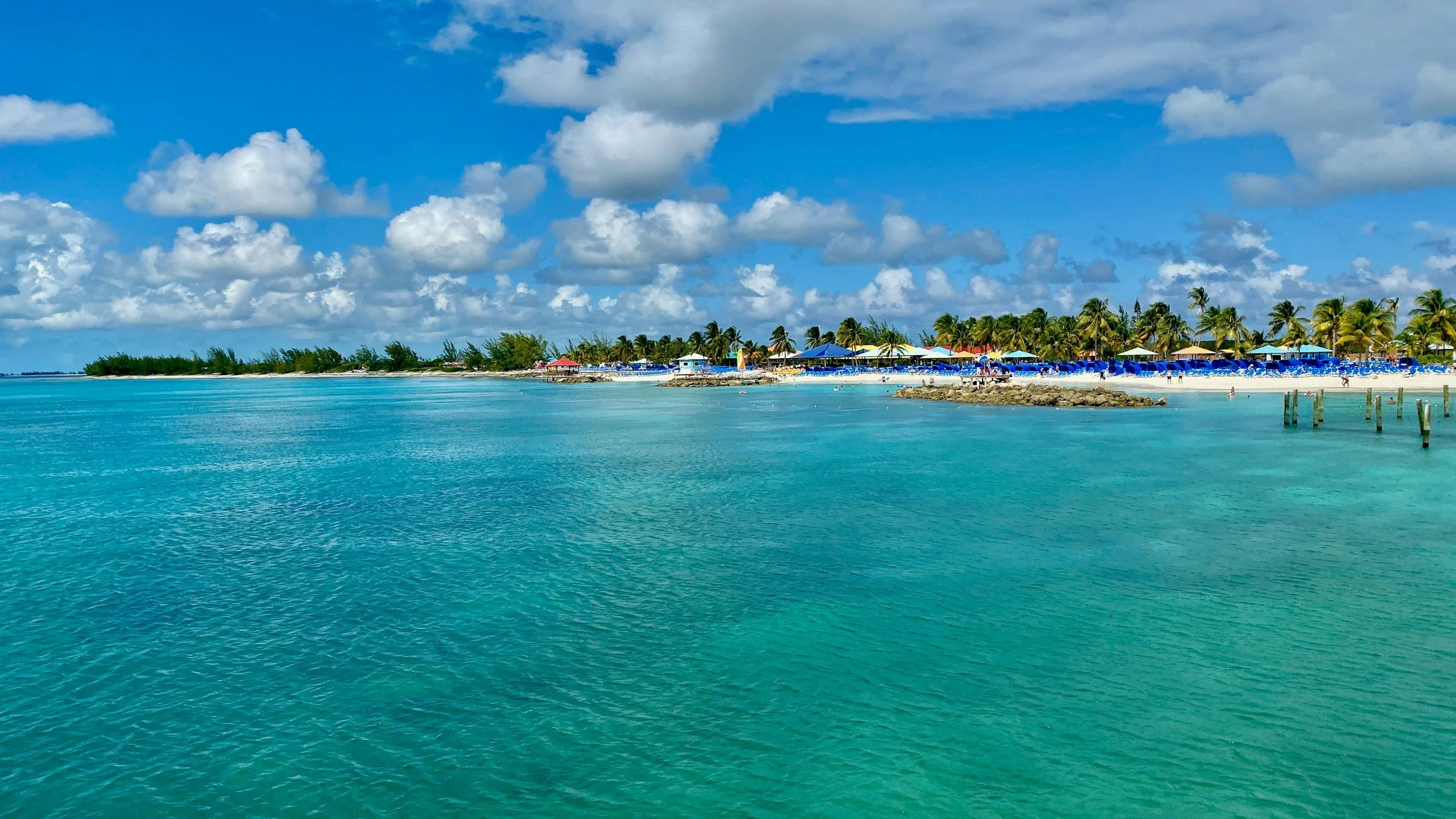 beach and umbrella views as seen from the water