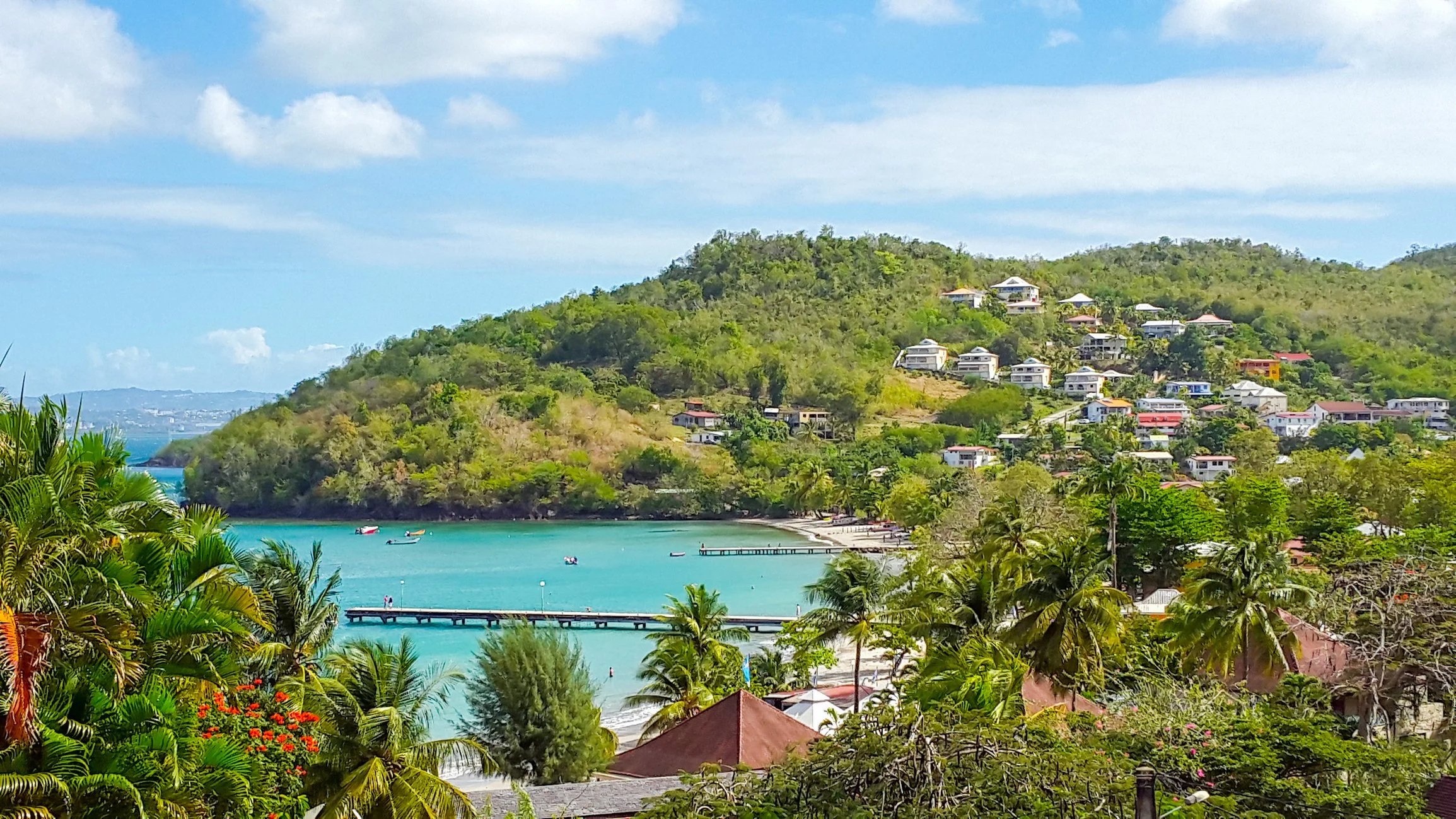 View of a bay in Martinique with lush foliage and houses near the water