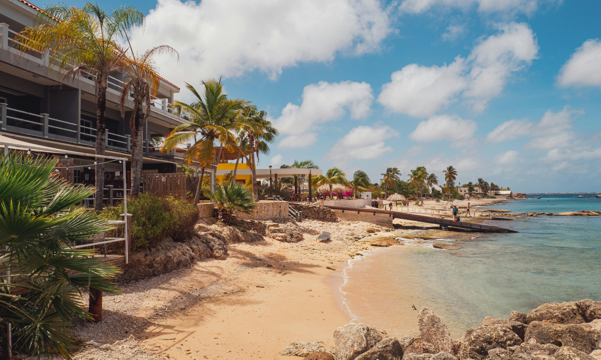 Colorful beachfront promenade in Aruba, lined with palm trees, open-air cafés, and clear turquoise water on a sunny day