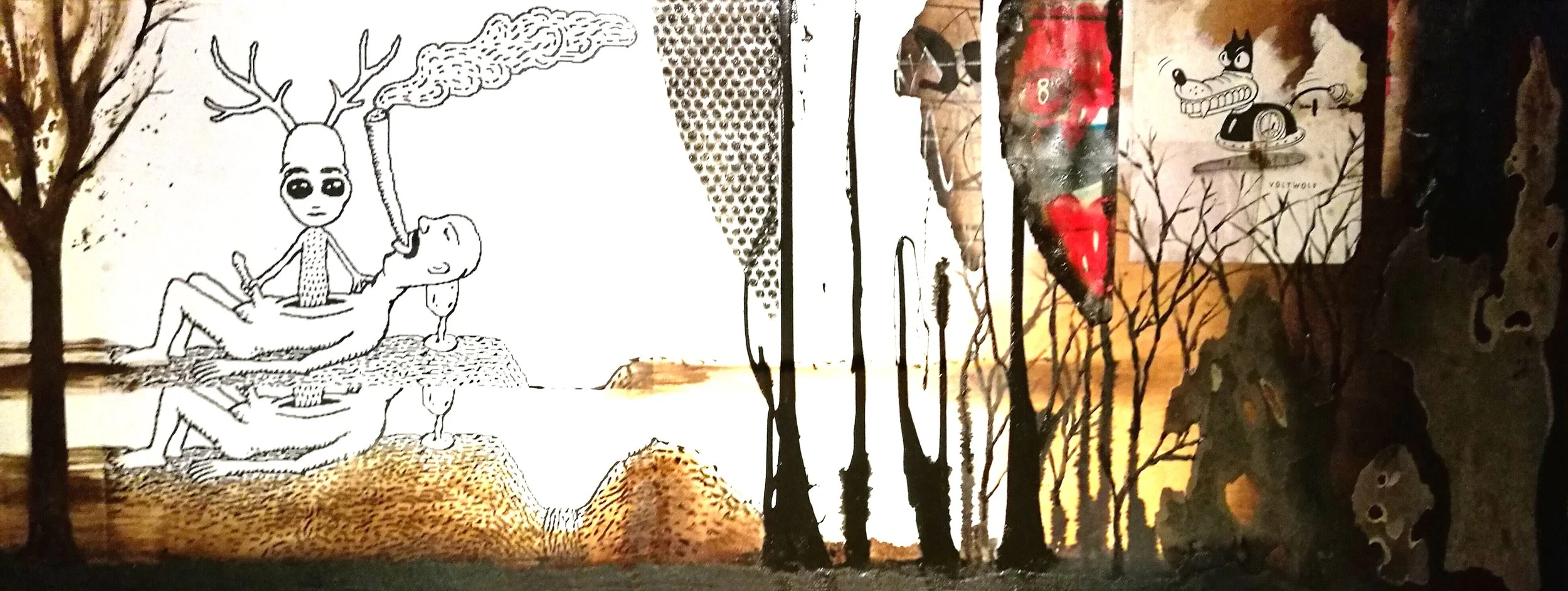 Volt Wolf & Alien landscape
2018) collage of burnt paintings and enamel on wood