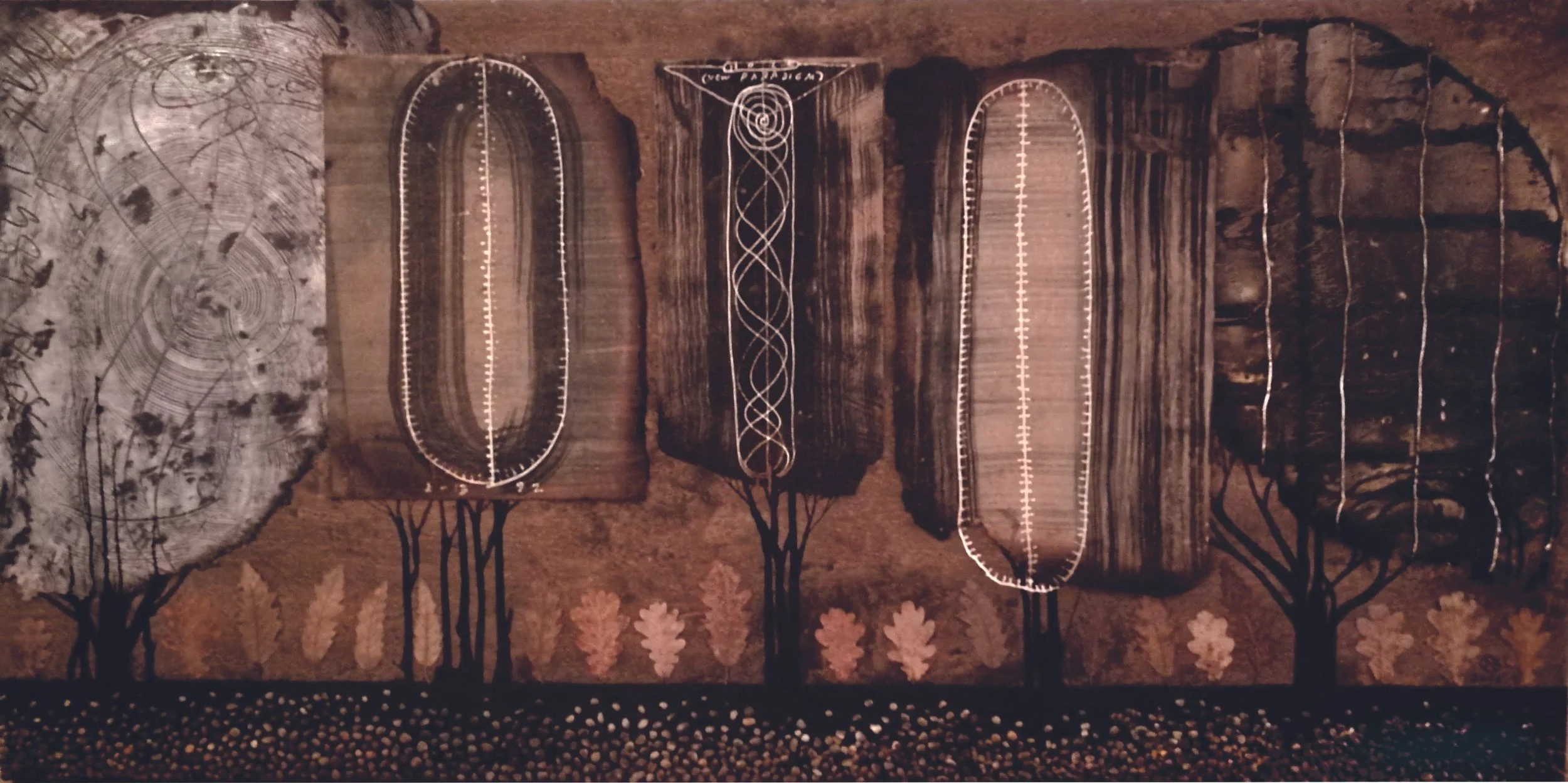 Forest
2018) collage of burnt paintings on wood
150 x 76 cm