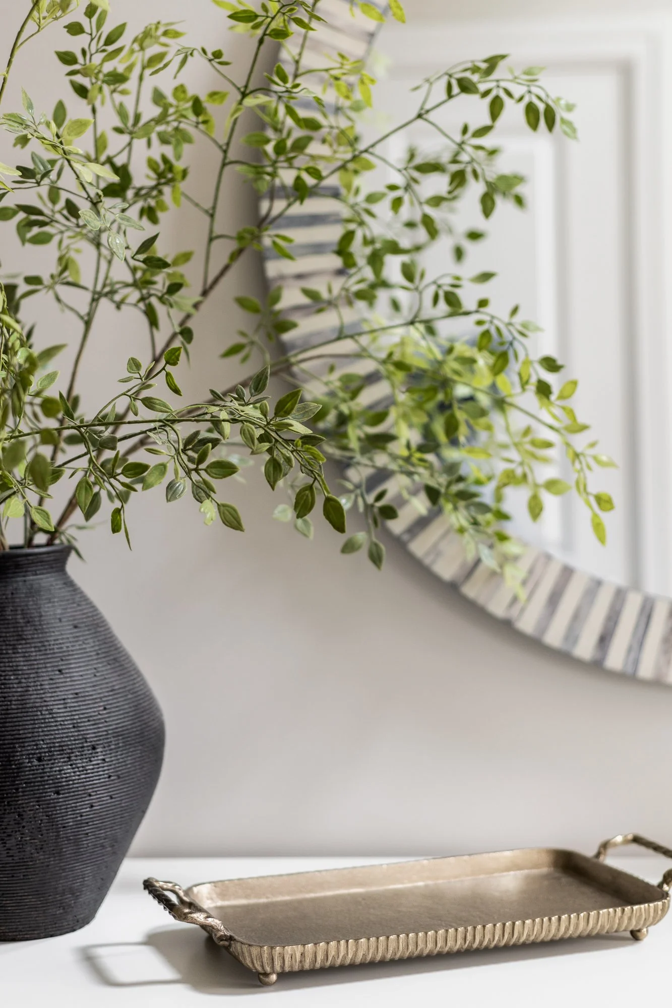 Decorative black vase with green leafy plant, rectangular metallic tray, striped mirror, and a white wall.
