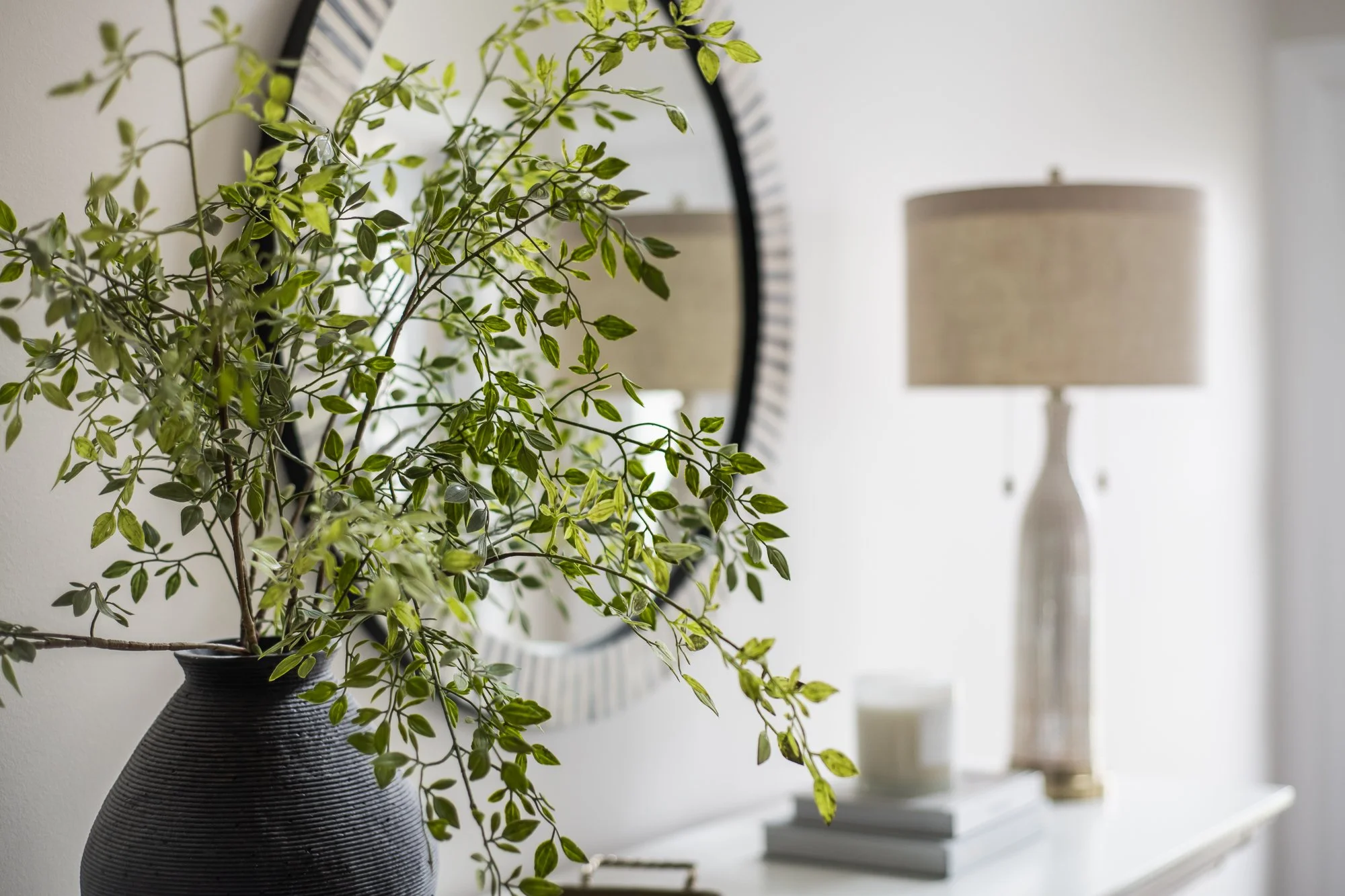 Indoor decor featuring a potted green leafy plant, a mirror, a table lamp with a beige shade, a stack of books, and a candle on a white surface.