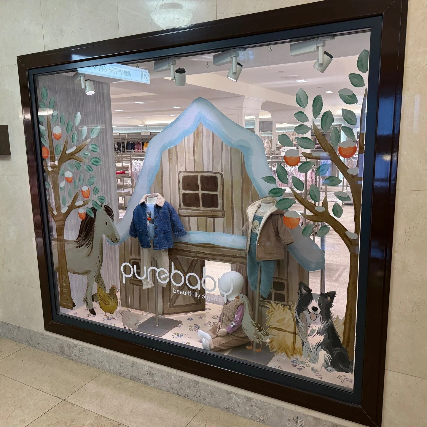 Harrods Pure Baby window installation completed last year, incorporating Foamex prints and vinyl graphics applied to the glazing. #purebaby #windowdisplay #retail #harrods #childrenswear #welovewhatwedo