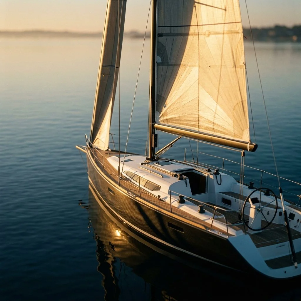 A sailboat on calm water during sunset with the sail raised and part of a distant shoreline in the background.