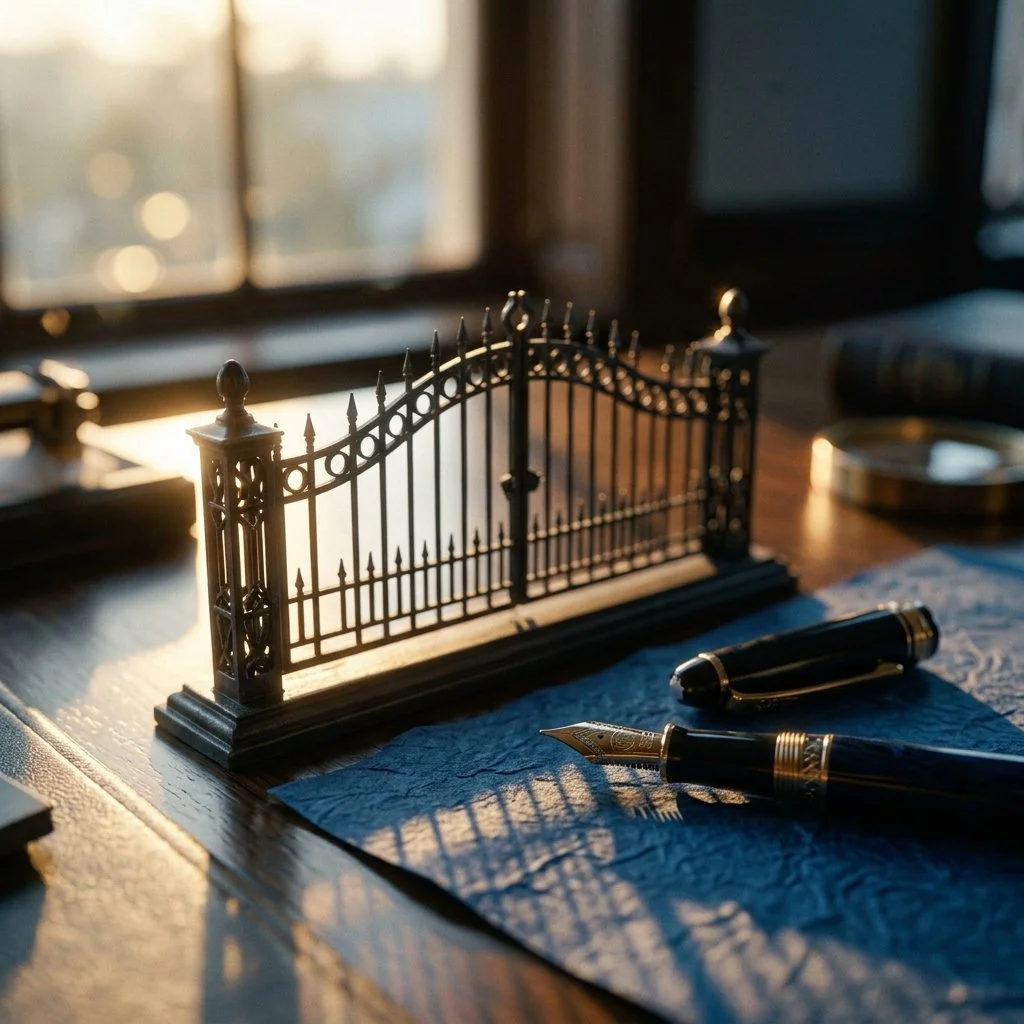 A miniature decorative black metal fence, a fountain pen with a black and gold design, a closed pen case, and a crumpled piece of paper on a wooden desk bathed in warm sunlight.