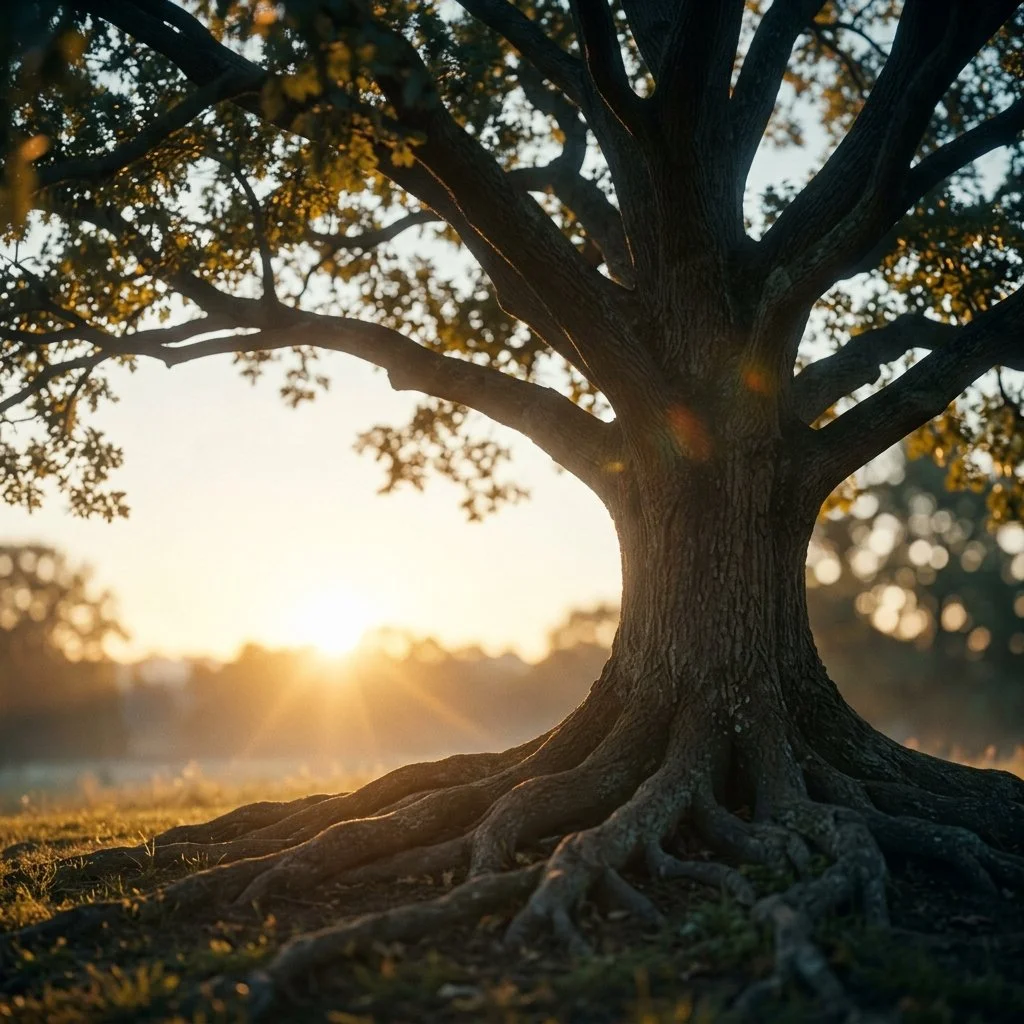 A large tree with exposed roots during sunset, with the sun low on the horizon and sunlight filtering through the branches.