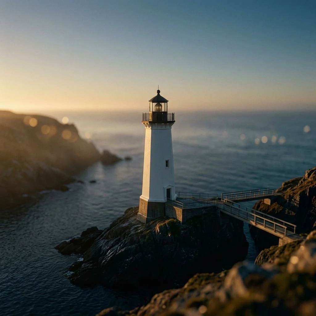 A lighthouse on a rocky coastline during sunset, with the ocean in the background and a pathway leading to the lighthouse.