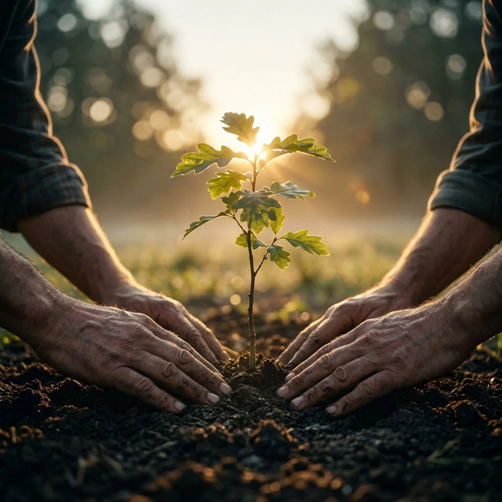 A person planting a young tree in soil during sunrise or sunset.