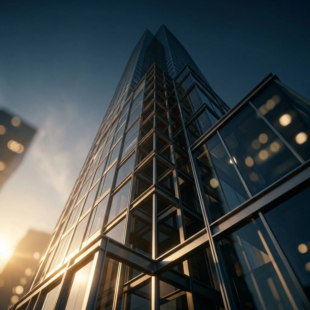 Low-angle view of a modern glass skyscraper at sunset with reflections of the city and sky.