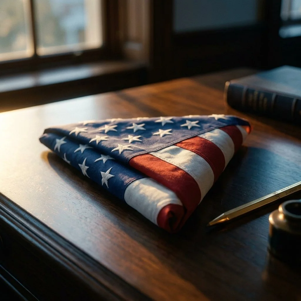 An American flag folded on a wooden desk near a window with natural light, with a pen, a book, and part of a camera visible.