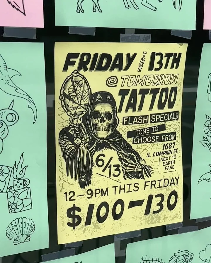 🐇THIS FRIDAY 6/13 🐇 Featuring walk-in tattooing by @marissamalonearts @skin_scribbles @coralsagearts @lennytmw Designs are now on view in the shop&rsquo;s front windows and vary in price based on size. Available in color or black and gray. Arms and