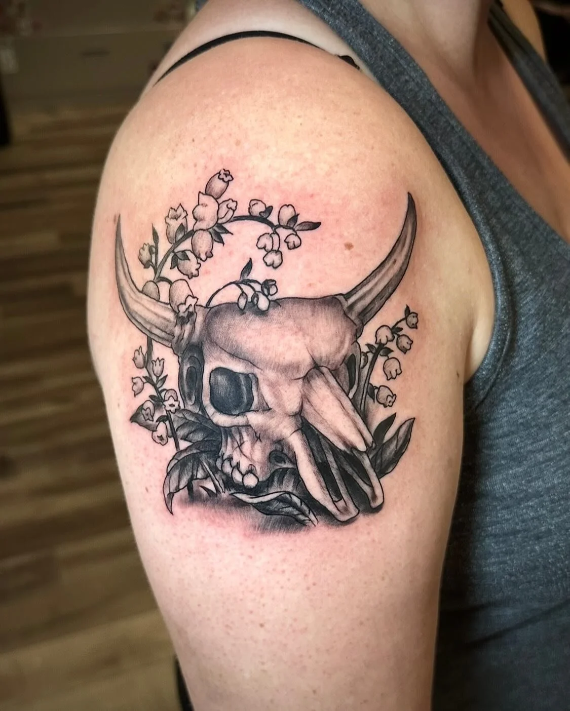 Taurus skull and lily of the valley flowers for family ♉️ Thanks for coming back to see us! @tomorrow_tattoo 
Appointments and walk-ins available. Call/text us (706) 240-0062 or visit our artists&rsquo; bios for booking info. 🐇
&bull;
#georgiatattoo