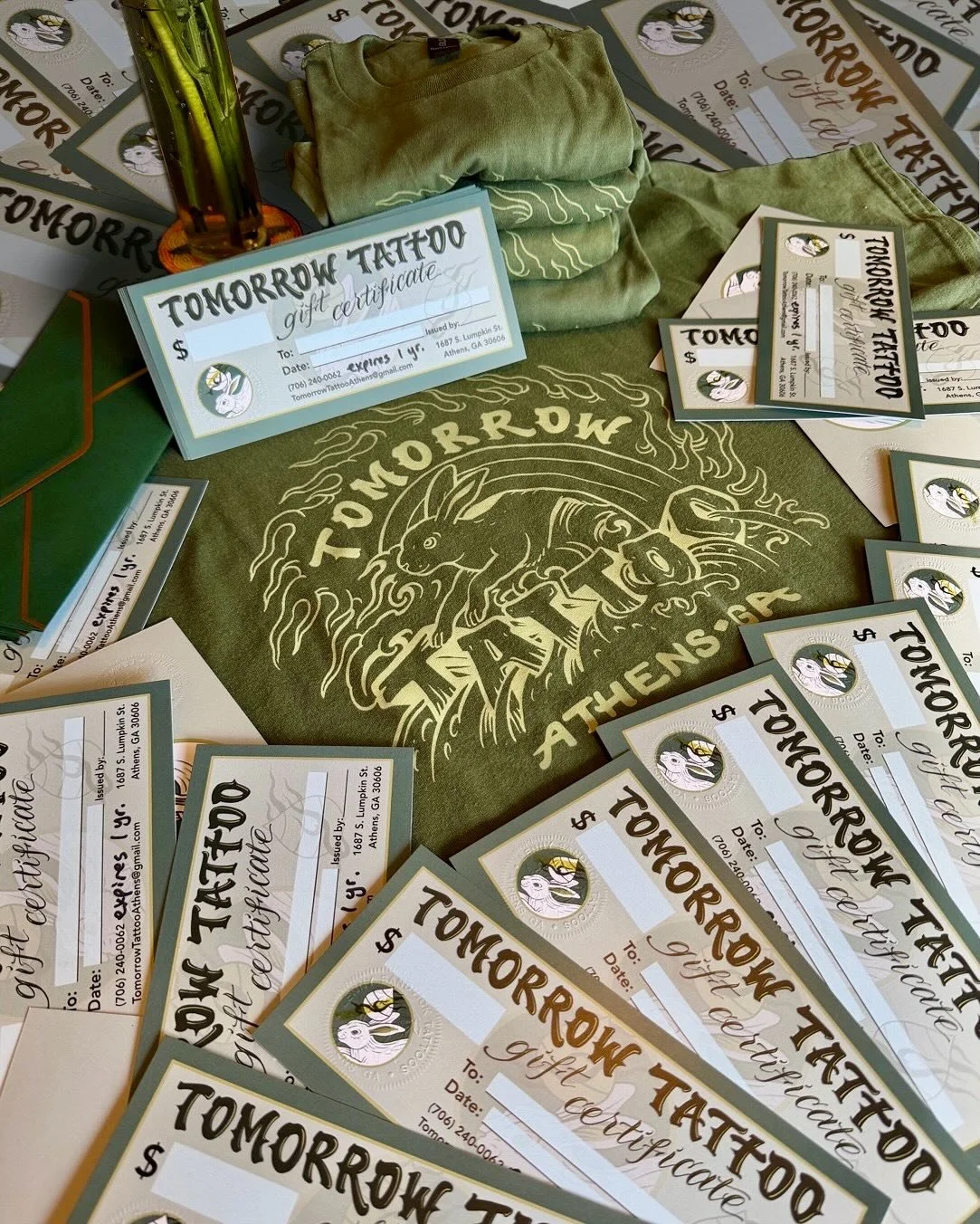 ✨A FREE sage green t-shirt✨ now comes with every physical gift certificate while supplies last! Treat your tattooed friends &amp; family or give someone that extra  encouragement to get their first tattoo! Hang on to the shirt for yourself, we won&rs