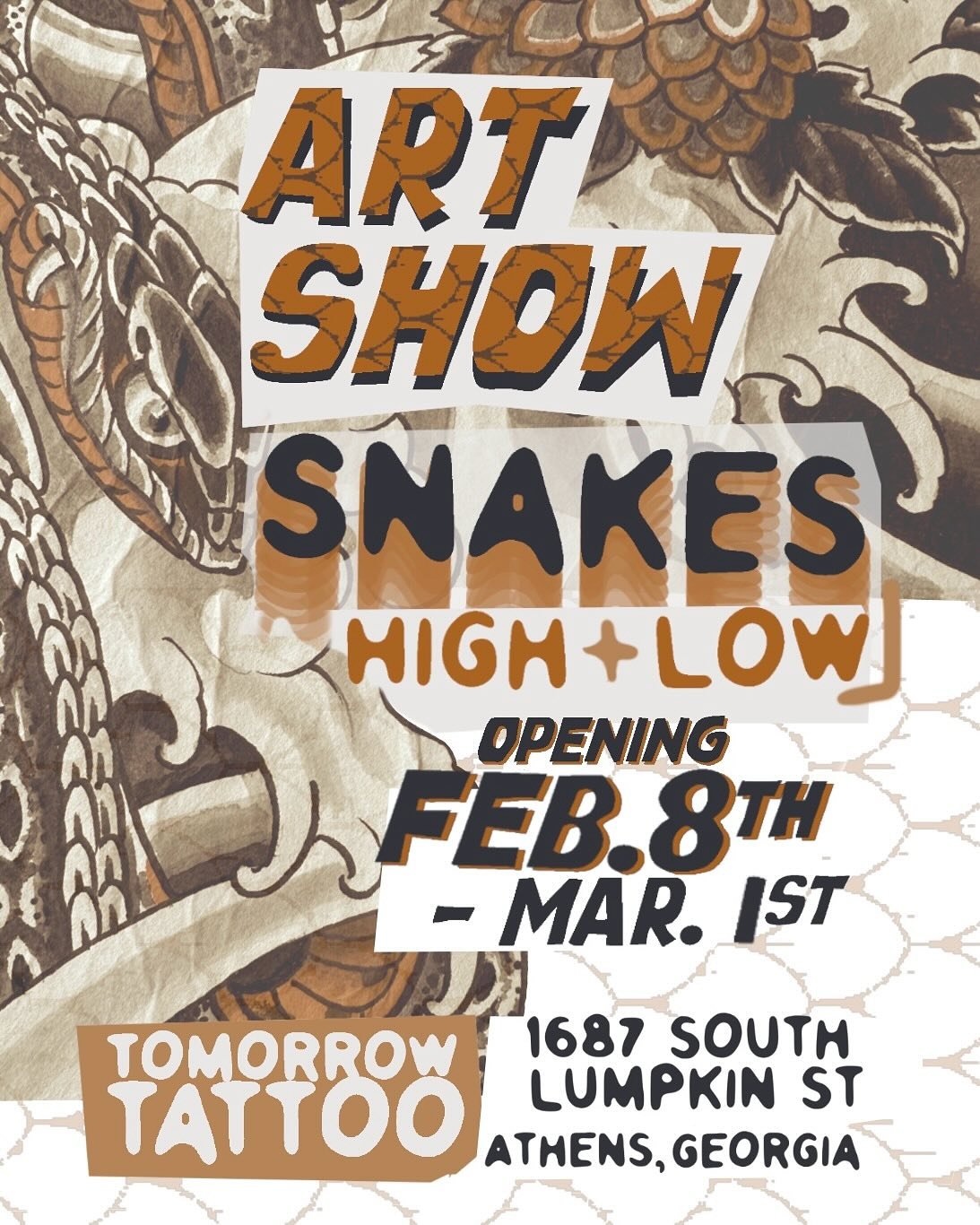Ssssup? FEBRUARY 2026 We&rsquo;re hosting a snake-themed art show: &ldquo;SNAKES: High + Low&rdquo; starting with an opening reception on Sunday, Feb. 8th, 2026 from 5-8 PM. Come enjoy some serpentine artwork from talented local artists and follow al