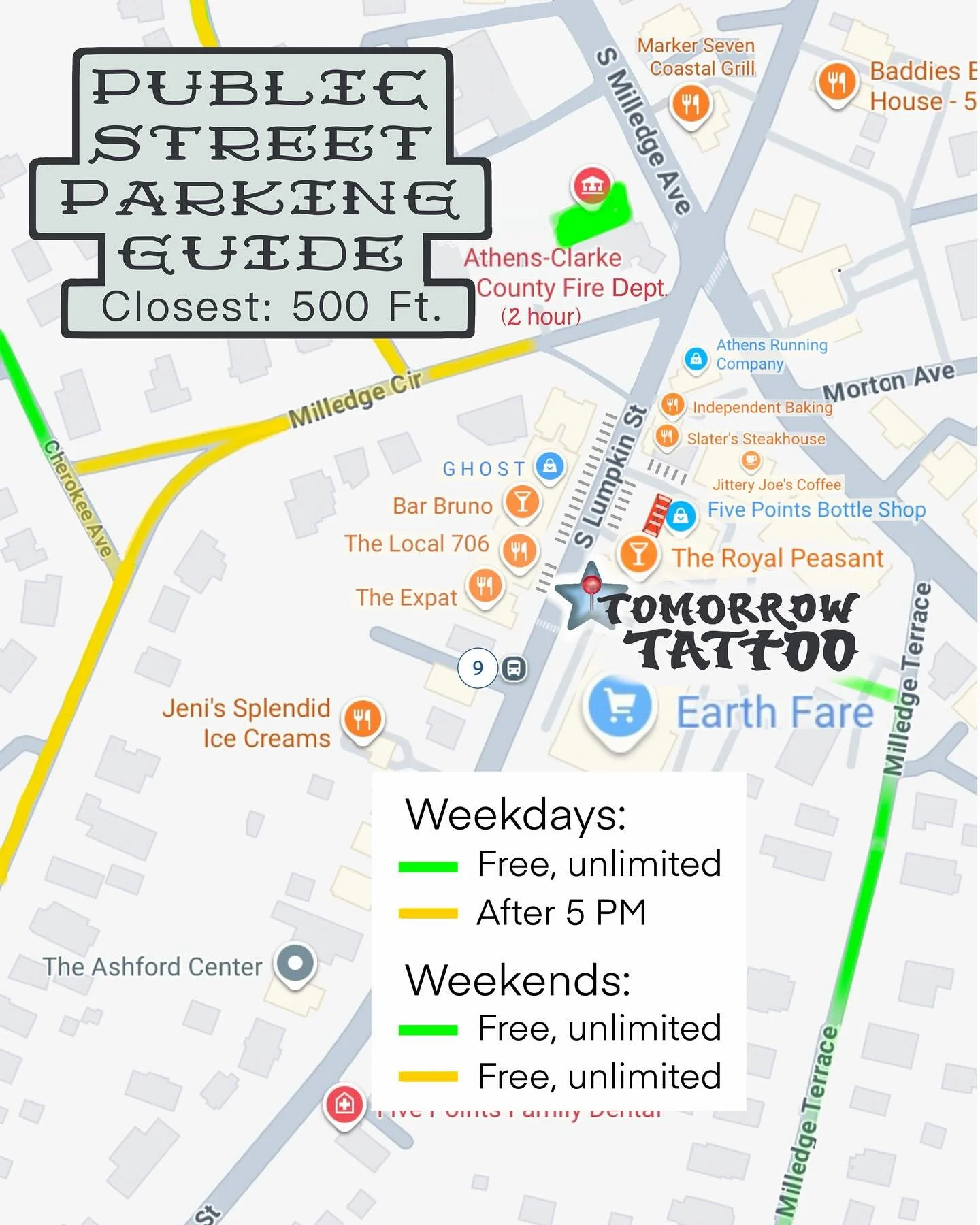 Public parking guide: Five Points Athens, GA has a ton of parking spaces for our neighbors, and while there&rsquo;s no designated lot for Tomorrow Tattoo, there are many free public parking options right around the shop. Five Points is a great Athens
