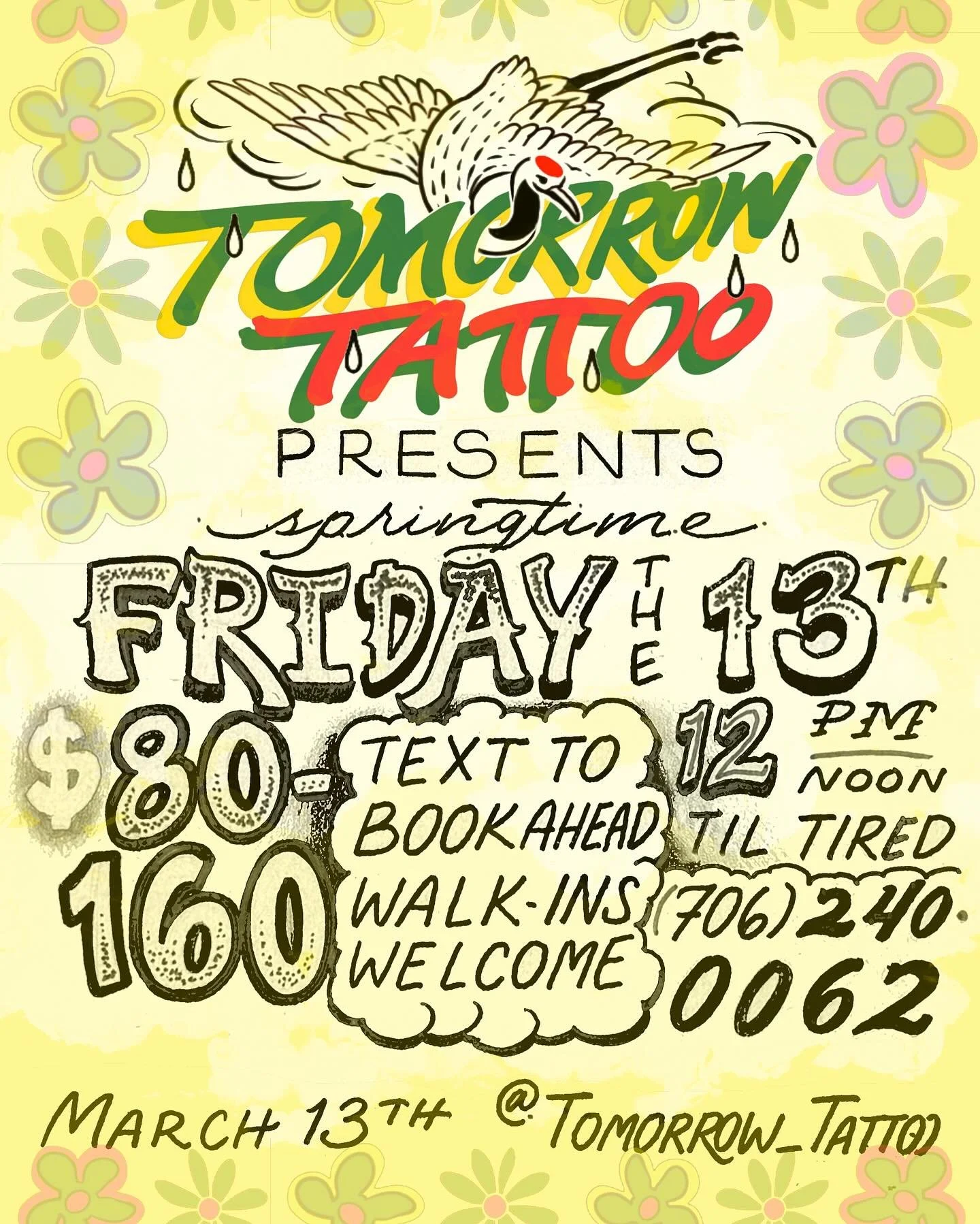 Hey yall 🌷We&rsquo;re hosting a Friday the 13th event this weekend with plenty of fresh designs at special rates to welcome in Spring! Appointments are welcome ahead of time by TEXT, or you can walk-in the day of! $50 deposit required for each tatto