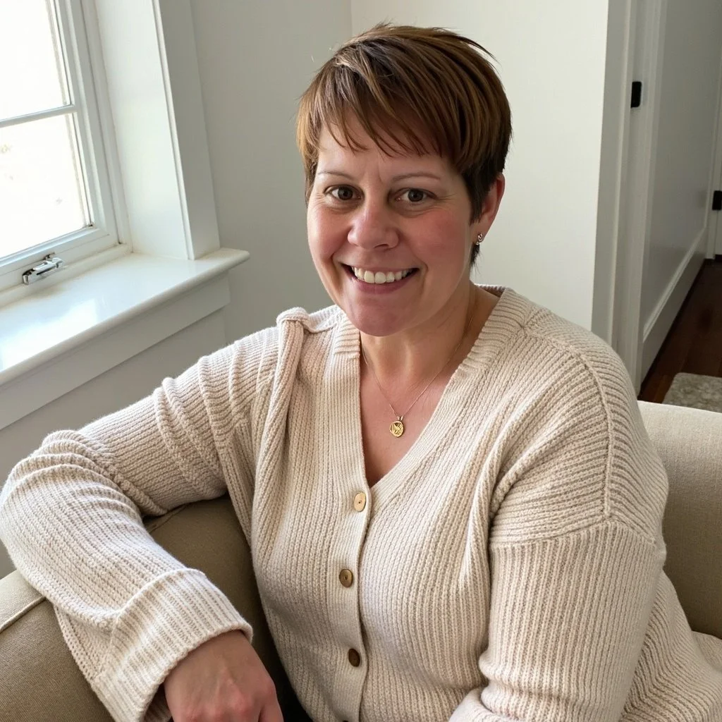 A woman with short brown hair wearing a beige cardigan with buttons, smiling while sitting on a sofa in a room with white walls and a window.