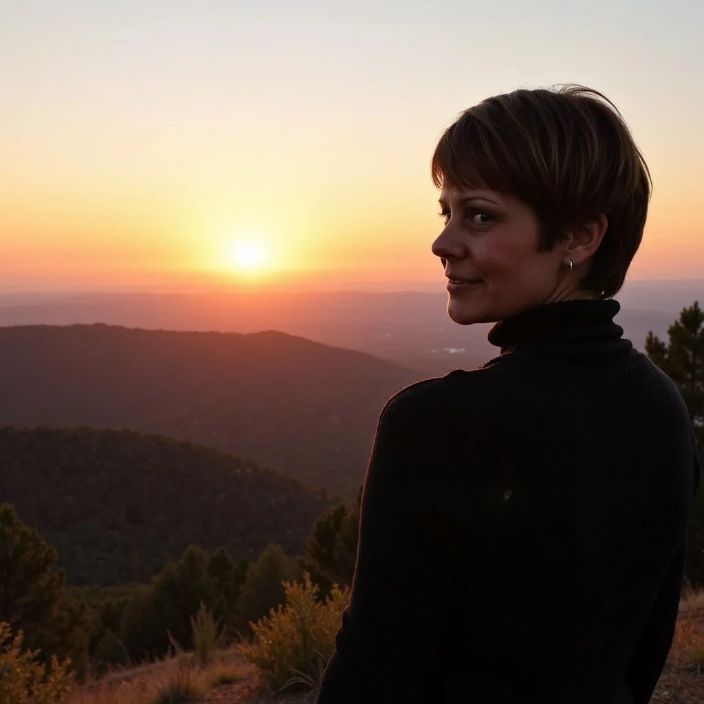 A woman with short dark hair and earrings looking over a sunset from a mountain or hill, with trees and a horizon in the background.