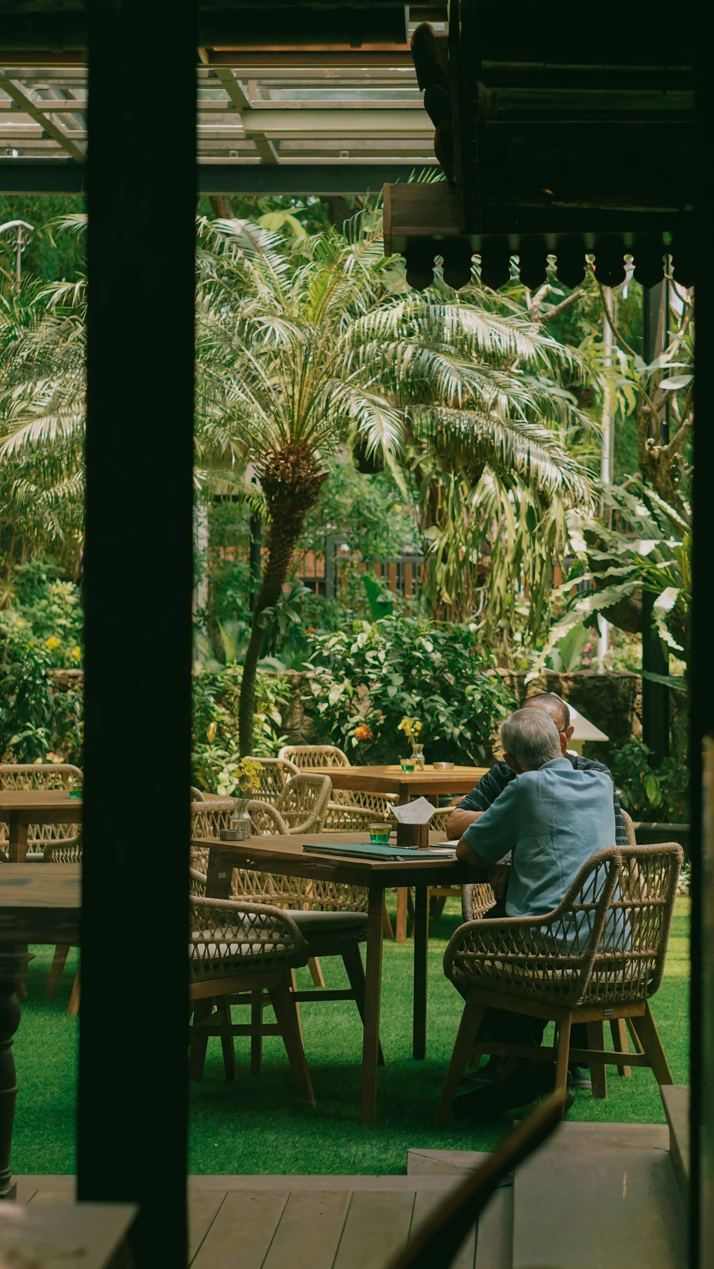 Two elderly men are seated at an outdoor table in a lush garden restaurant with tropical plants, including palm trees, and wicker chairs.