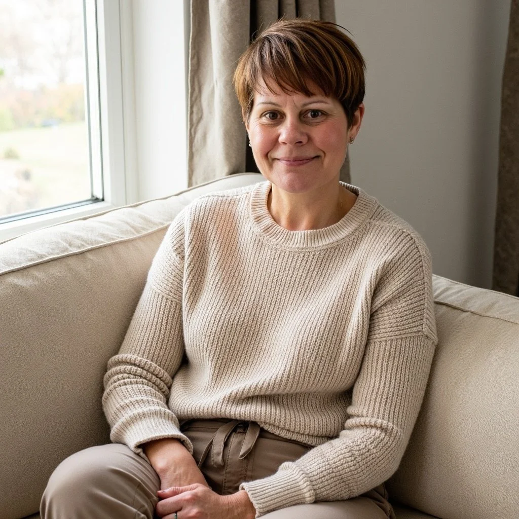 A woman with short brown hair, wearing a beige sweater, sitting on a cream-colored sofa near a window, smiling at the camera.