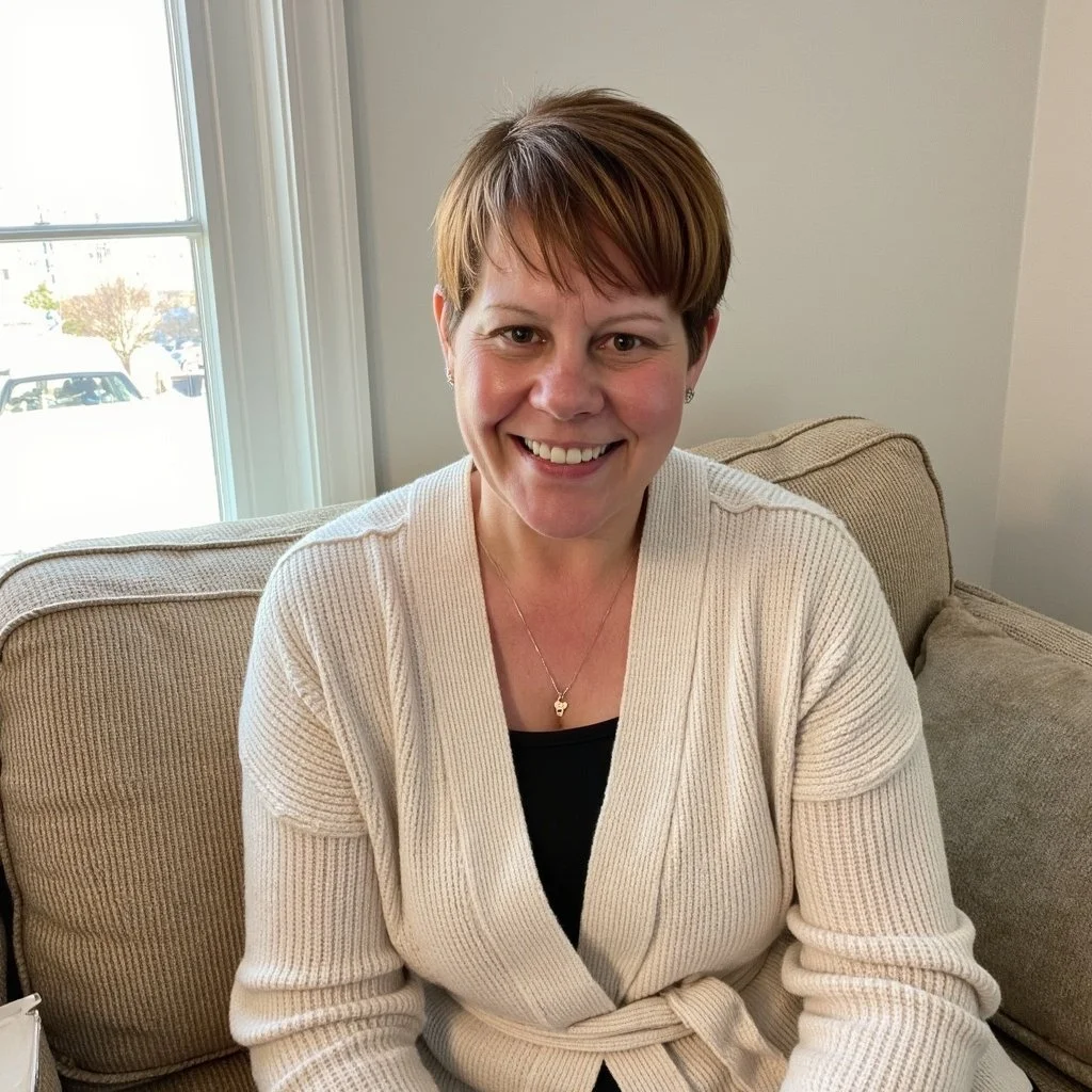 A woman with short auburn hair and a friendly smile, wearing a beige cardigan over a black top, sitting on a beige couch in a cozy, well-lit room with a large window behind her.