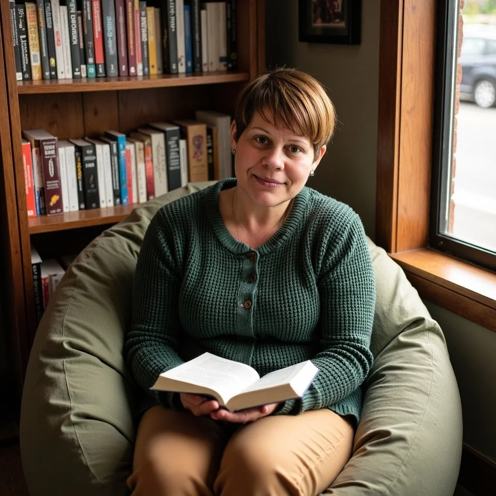 A woman sitting in a bean bag chair reading a book, with a bookshelf filled with books and a window behind her.