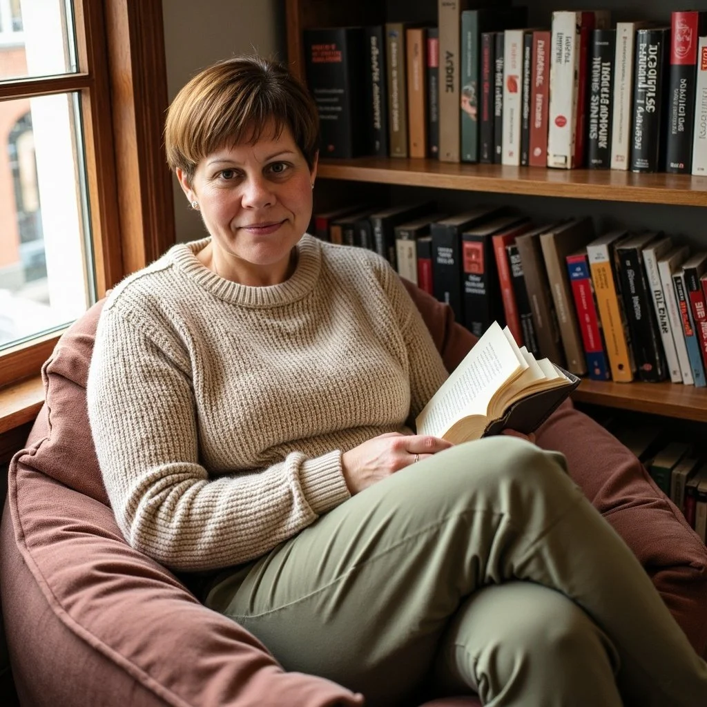 A woman sitting in a cozy chair, holding an open book, in a room with bookshelves and a window.