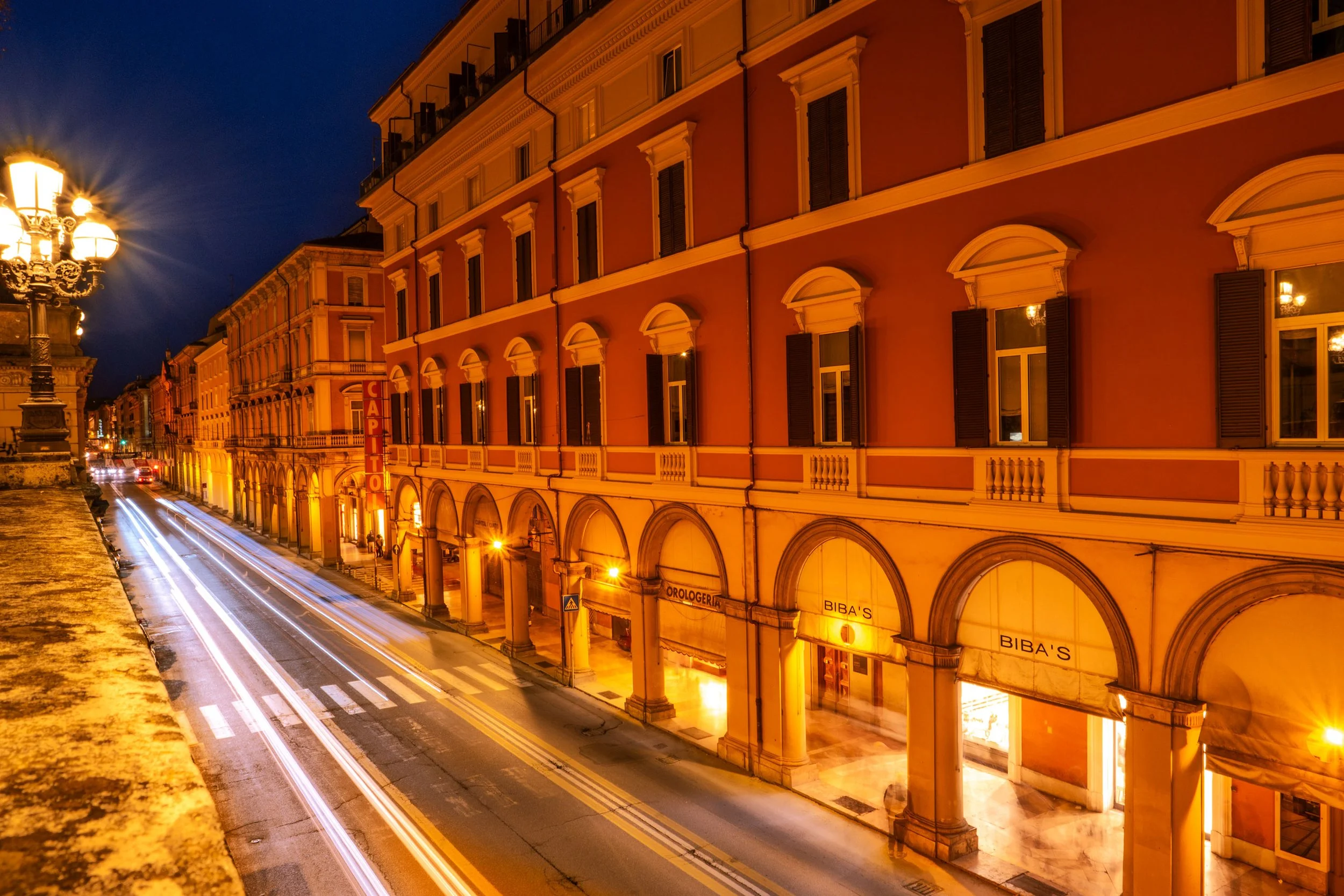 Via Independenza in Bologna, Italy, taken at night