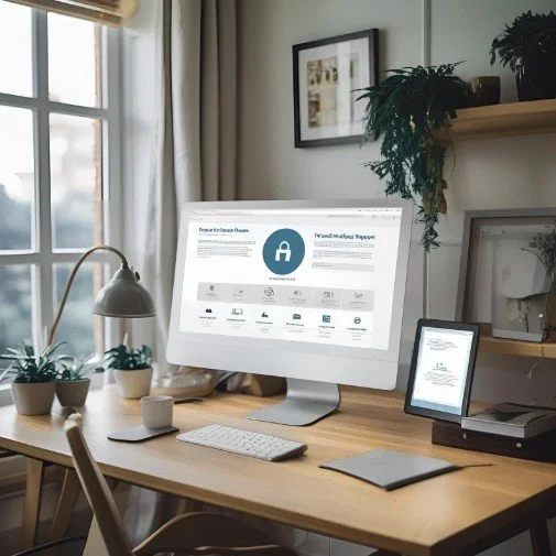 Home office desk with desktop computer, tablet, and office supplies, near a window with curtains and indoor plants.