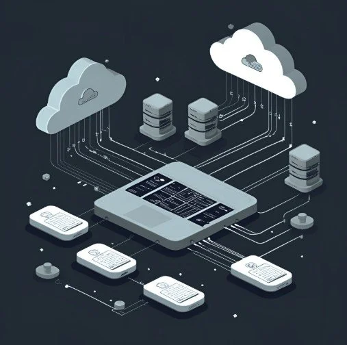 Digital illustration of cloud computing with data servers, cloud icons, and multiple connected devices.