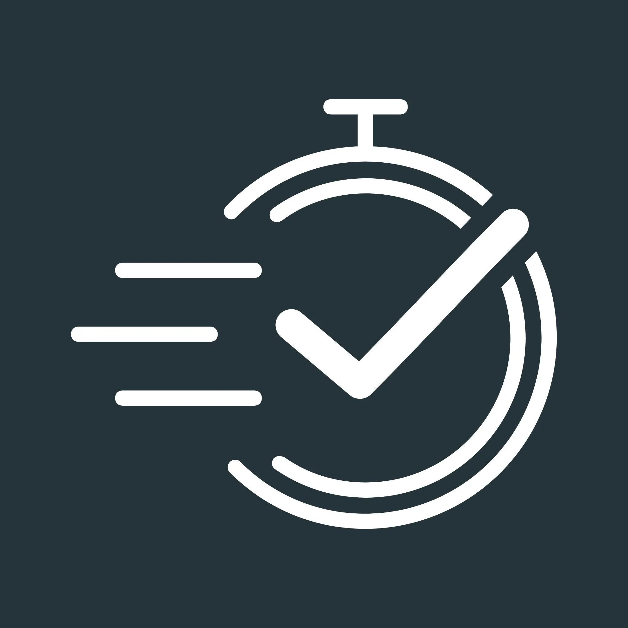 Icon of a stopwatch with a check mark and motion lines indicating speed or quickness.