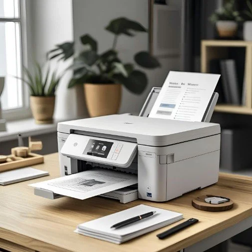A modern multifunction printer on a wooden desk with printed documents, a black pen, and a notebook, in a well-lit home office with potted plants and bookshelves in the background.