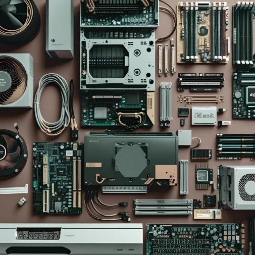 Computer motherboard components and hardware parts arranged on a surface, including RAM, CPU, power supply, cables, and other electronic components.