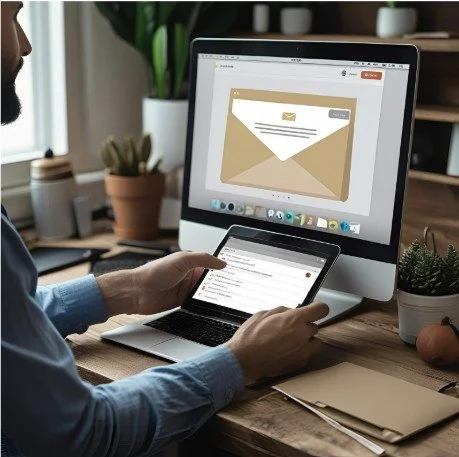 Person holding a tablet in front of a computer screen displaying an email app, on a wooden desk with potted plants and office supplies.