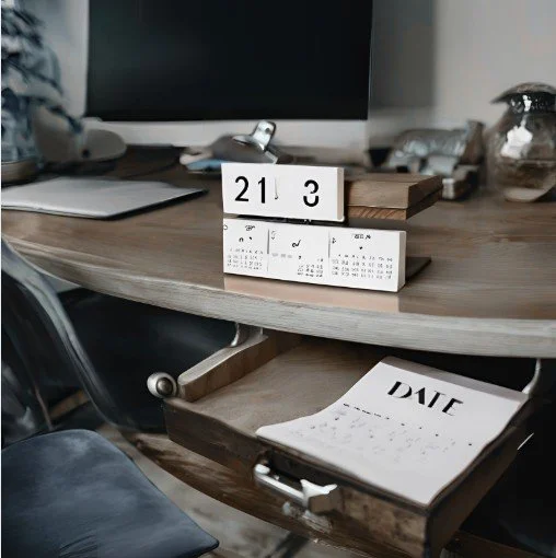Desk calendar on a wooden desk displaying the date of the 21st. A computer monitor, a notepad, and a glass jar are also on the desk. A calendar and a notebook labeled 'DATE' are in a drawer below the desk surface.
