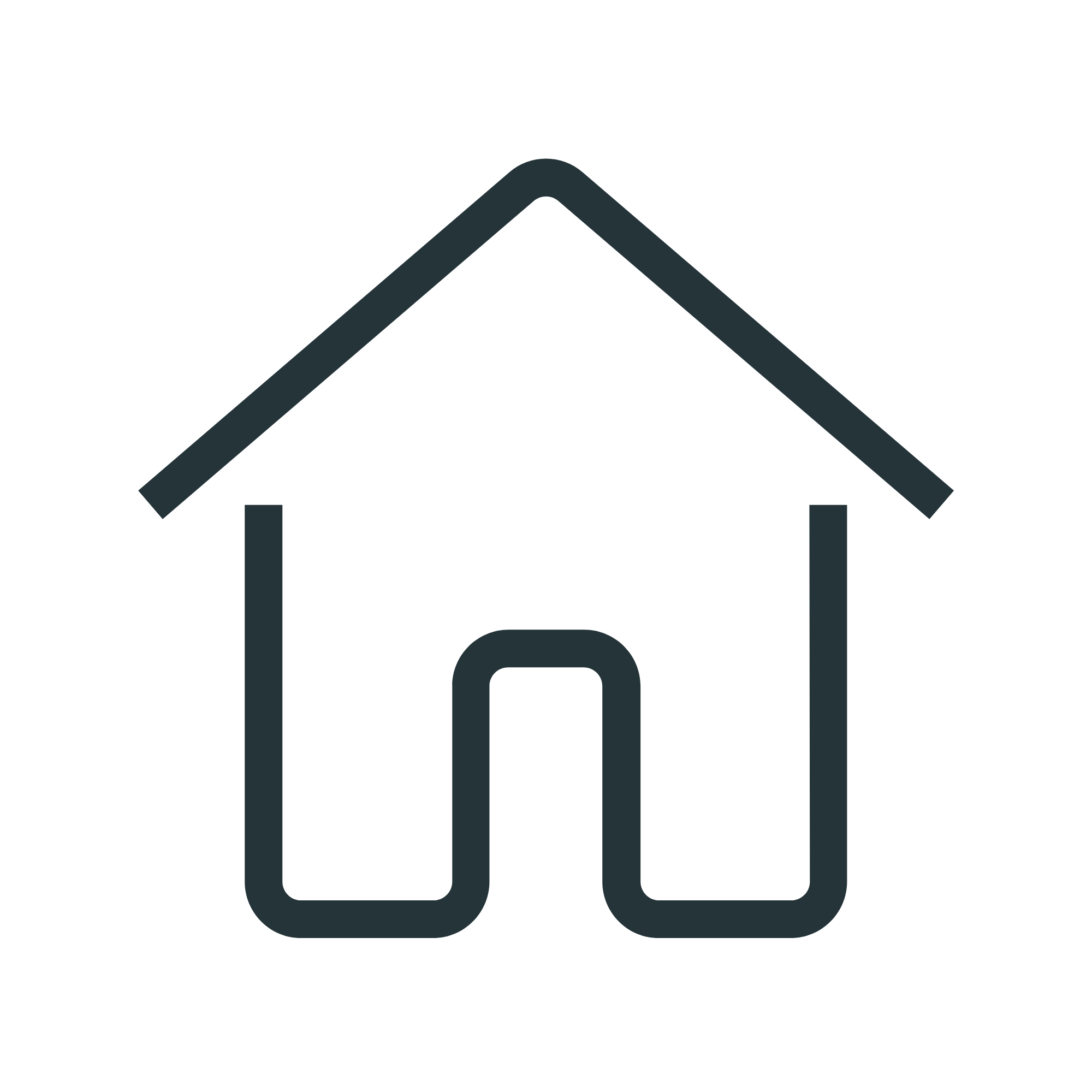 Outline icon of a house with a sloped roof, door, and walls.