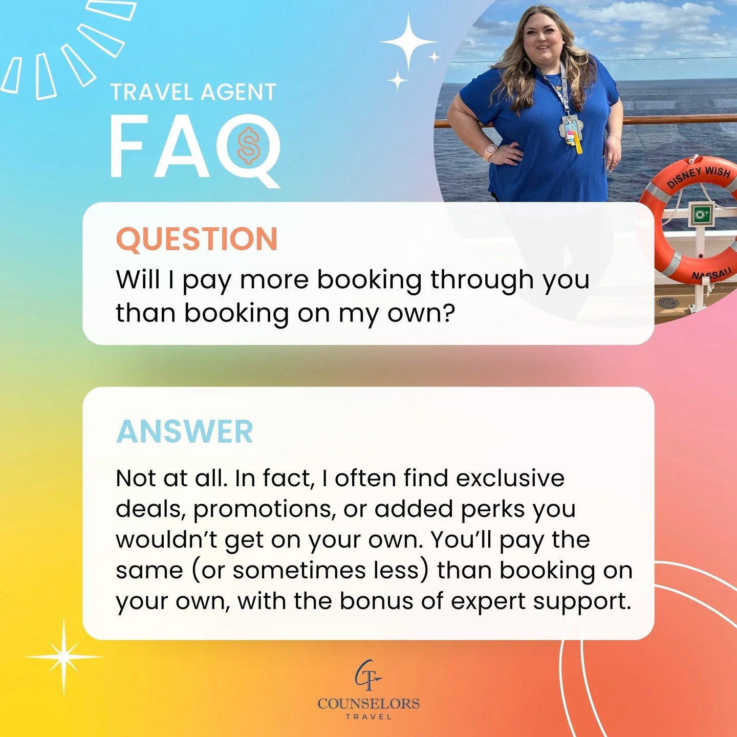 ✨ FAQ Friday ✨⁠
Q: Will I pay more booking with you than if I booked online myself?⁠
⁠
A: Not at all! You&rsquo;ll pay the same (or sometimes even less) than booking on your own. Plus, I can often find exclusive deals, promotions, or added perks you 