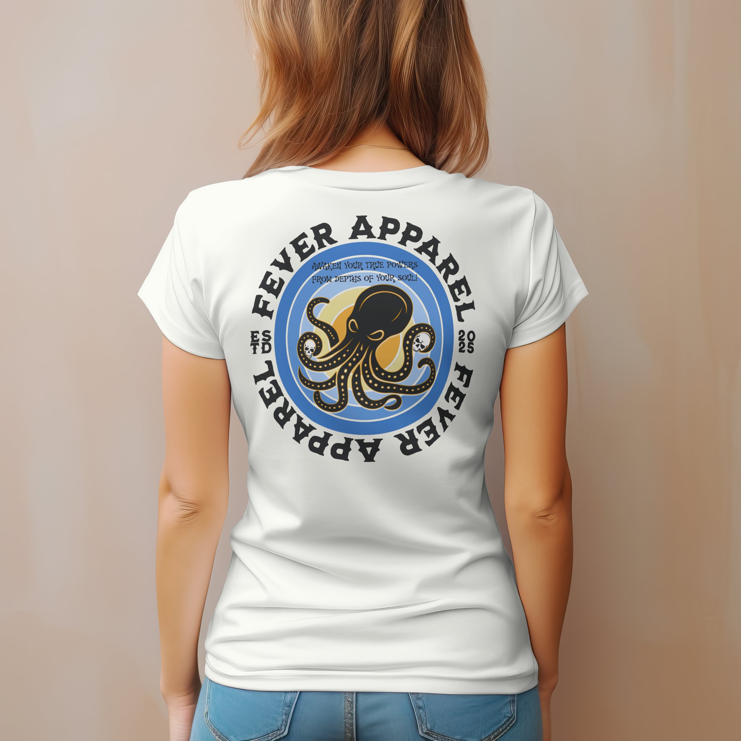 Back of a woman wearing a white t-shirt with a graphic design of an octopus and text reading 'Fever Apparel' and '2025'.