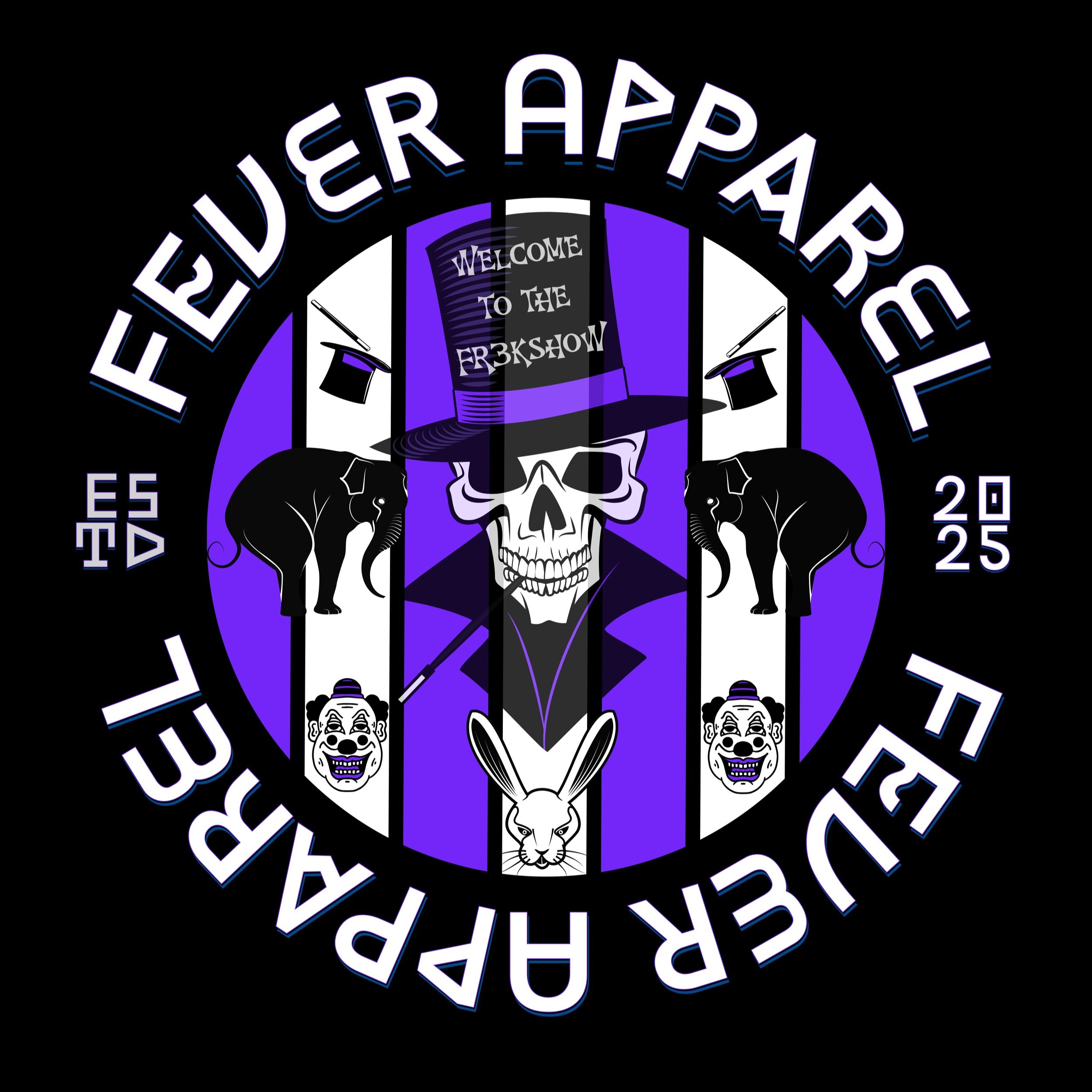 A graphic circular design promoting the Feather Apparel Fur Circus Art Show, 2025, with a central skull wearing a top hat and surrounded by images of an elephant, a rabbit, clown faces, and circus equipment against a purple background on black circul