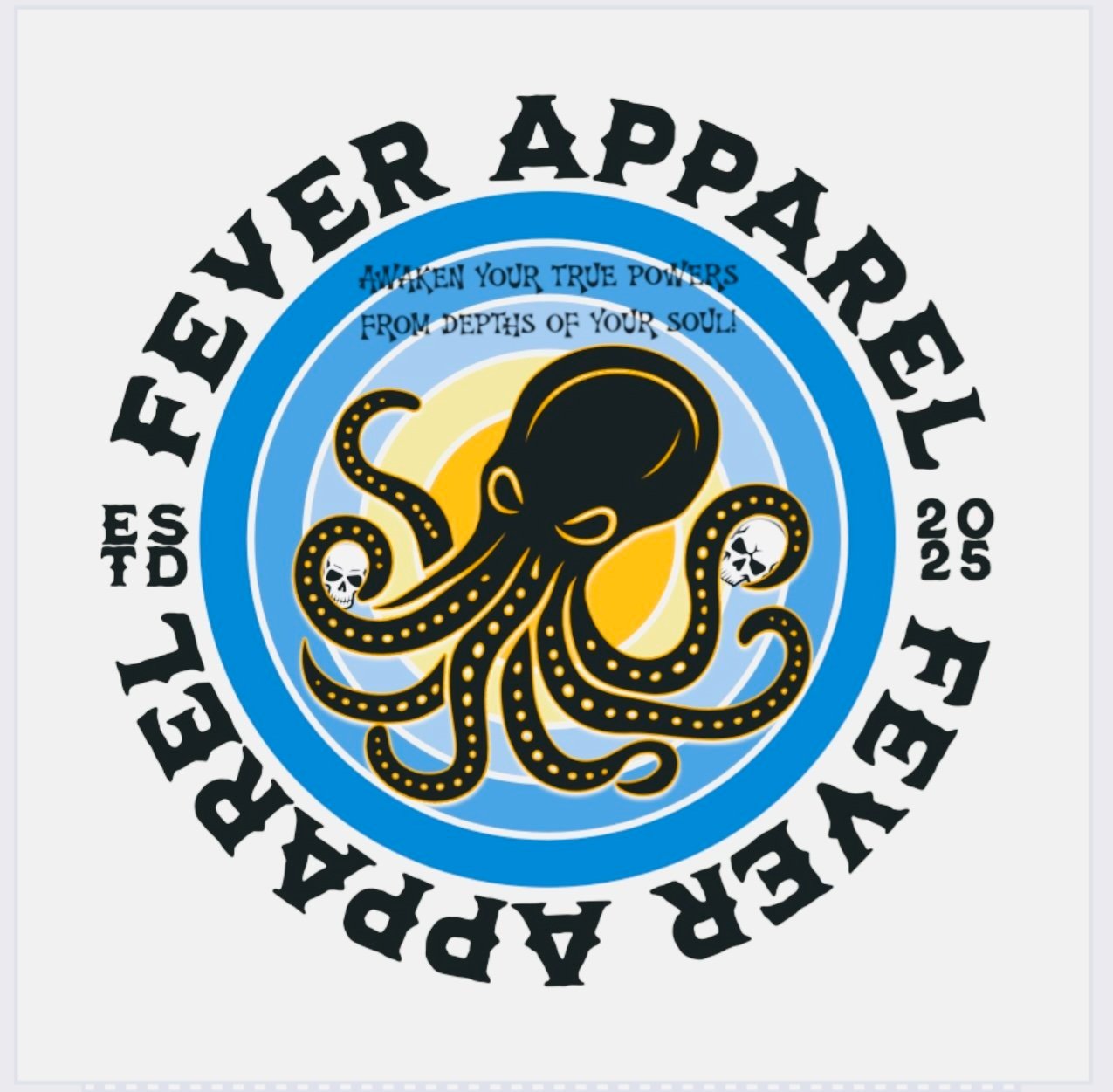 A circular logo featuring a black and yellow octopus with skulls on some of its tentacles, surrounded by blue and yellow rings. The outer ring has black text reading 'FEVER APPORT' and 'APPORT FEVER' with additional smaller black text. The logo promo