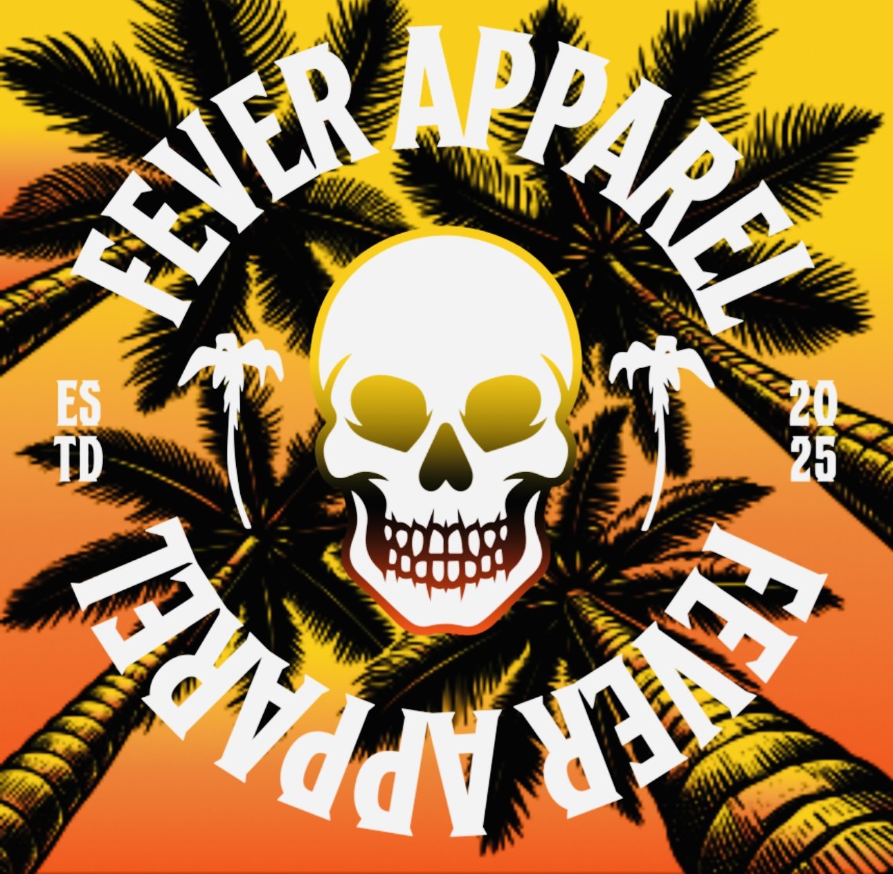 A graphic with a central white skull and black eye sockets, surrounded by black palm trees against an orange and yellow gradient background, with the text 'Never Appreciate Your Apocalypse' curved around the skull, and smaller text 'ESTD 2025' on eit