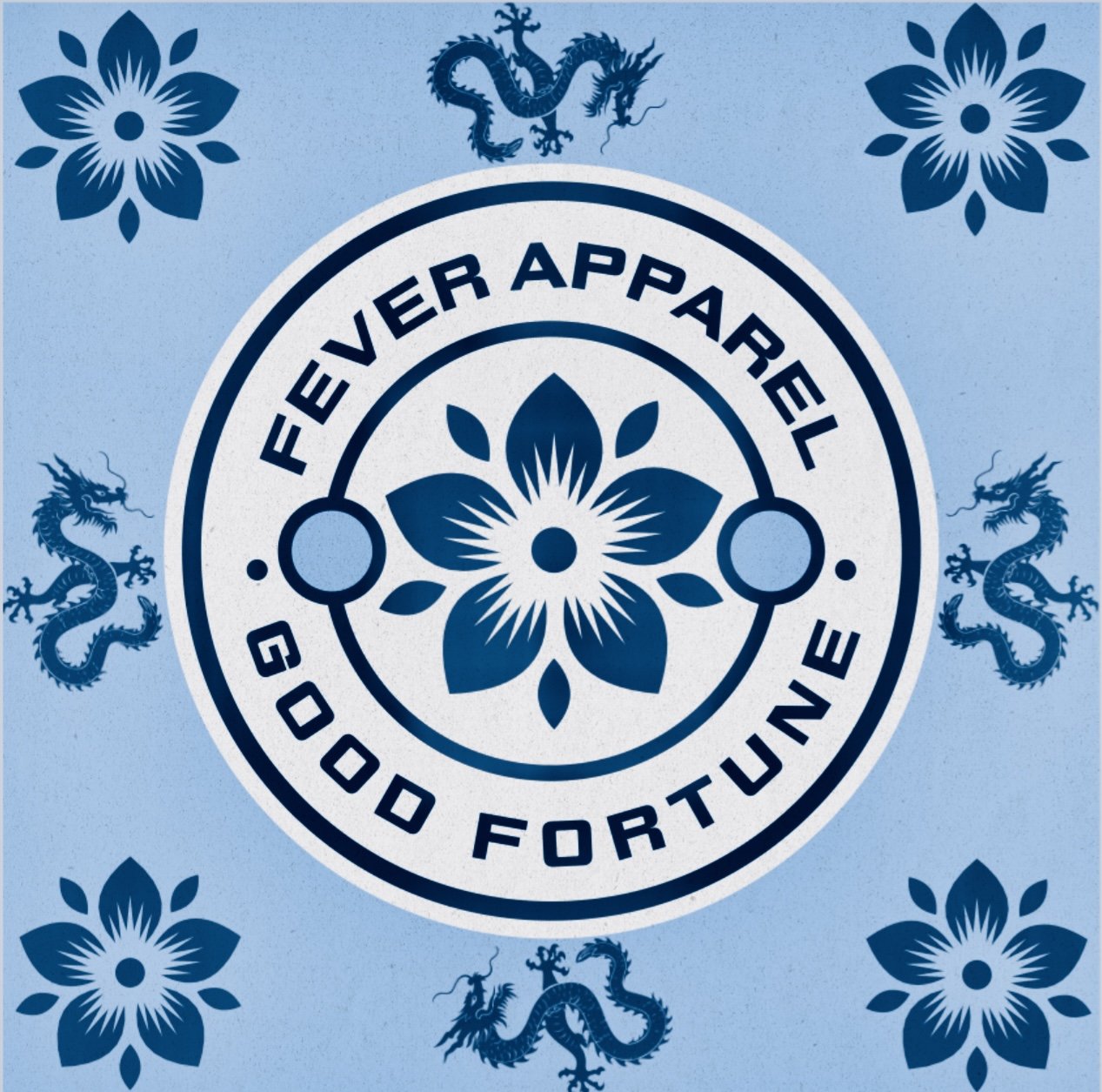 Circle logo with a large stylized flower at the center, surrounded by the words 'FEVER APPEAR' and 'GOOD FORTUNE'; decorative floral patterns and dragons on a blue background.